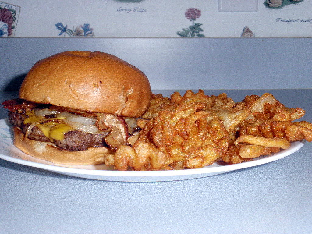 Cheeseburger with Bacon, Fried Onions and Waffle Fries (by rabidscottsman)