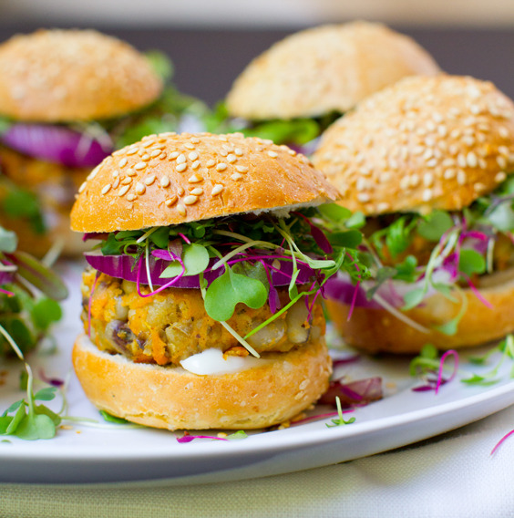sweet potato sliders with sprouts and avocado