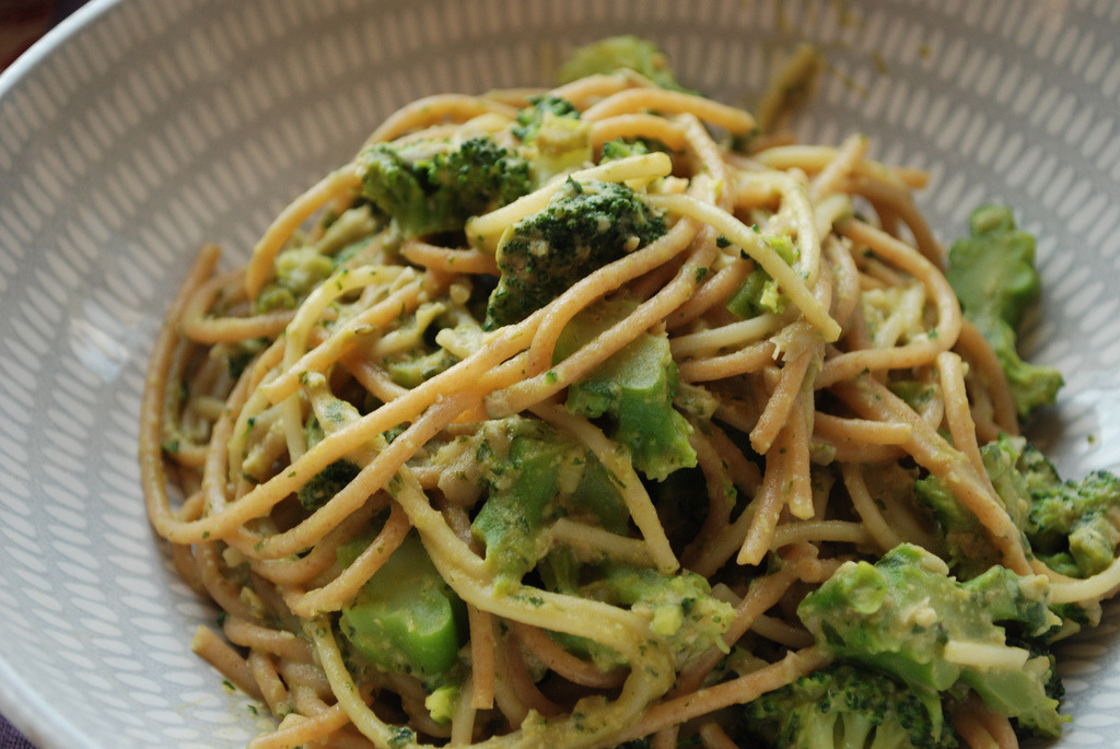 Fava Bean Pesto, Broccoli with Wholewheat Spaghetti