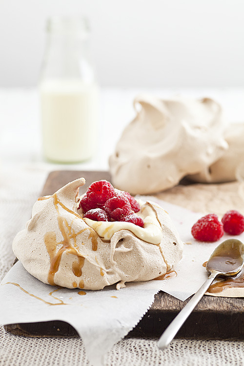 Chocolate Meringues with Raspberries and Caramel Sauce