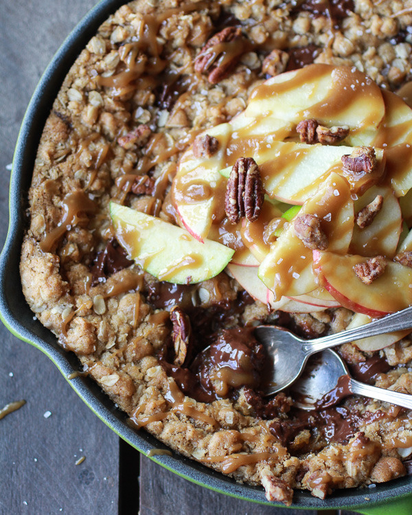 Oatmeal Chocolate Chunk Salted Caramel Apple Skillet Cookie