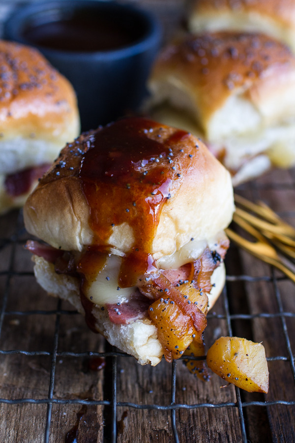 Ham and Cheese Sandwiches with Bacon, Pineapple Caramelized Onions and Jerk BBQ Sauce