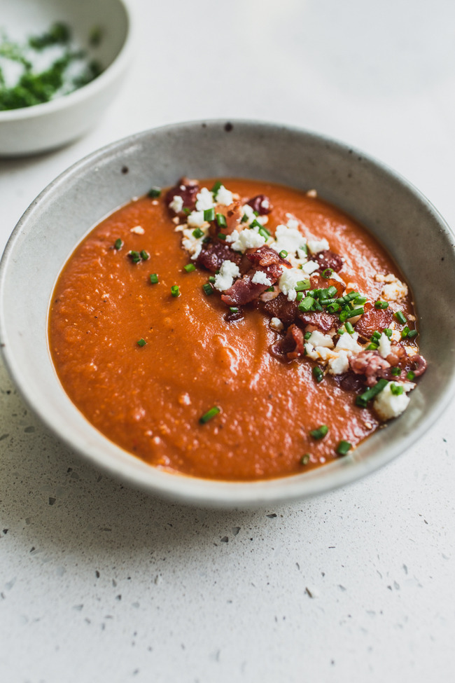 Tomato and Chargrilled Pepper Soup with Feta and Bacon