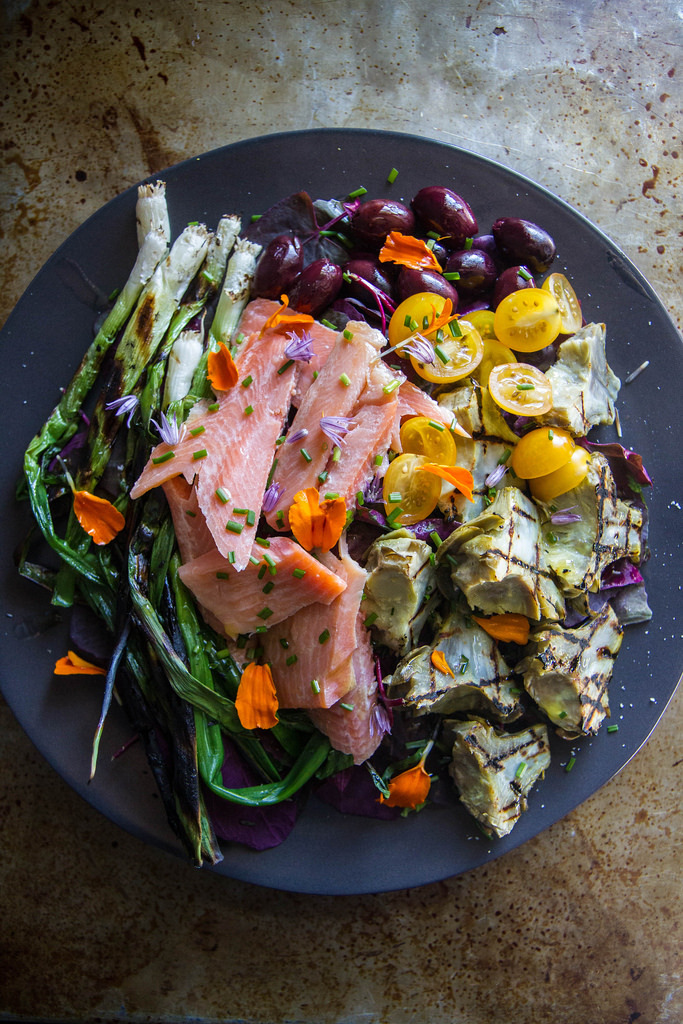 Grilled Artichoke, Smoked Trout and Charred Green Onion Salad with Chive Honey Vinaigrette