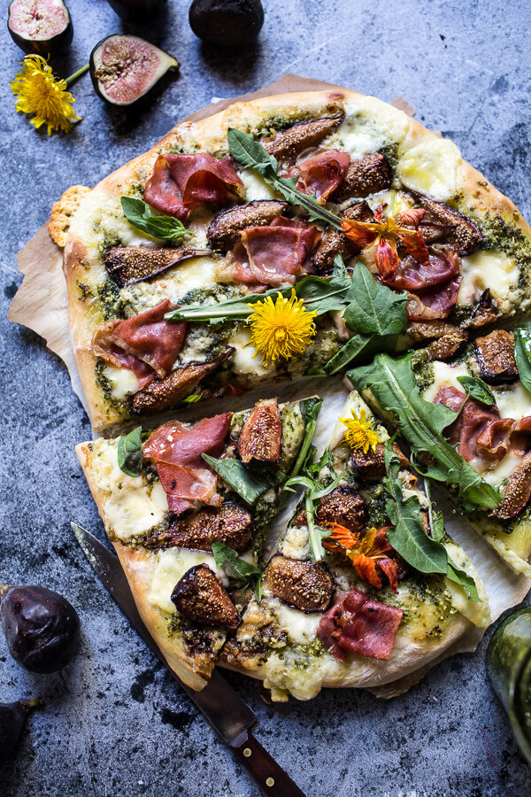 Pesto, Fresh Fig and Gorgonzola Pizza with Prosciutto